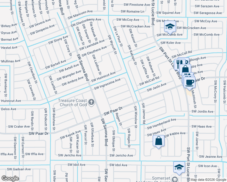 map of restaurants, bars, coffee shops, grocery stores, and more near 1134 Southwest Hamrock Avenue in Port St. Lucie