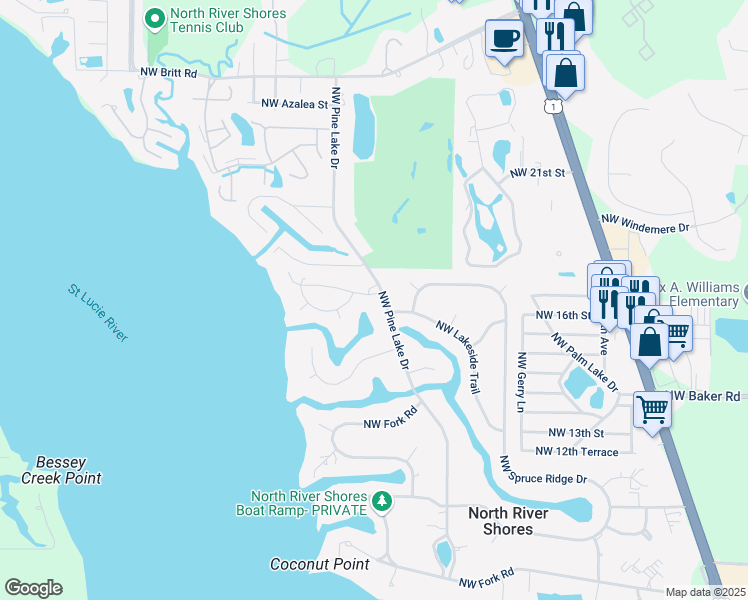 map of restaurants, bars, coffee shops, grocery stores, and more near 1703 Northwest Shore Terrace in Stuart