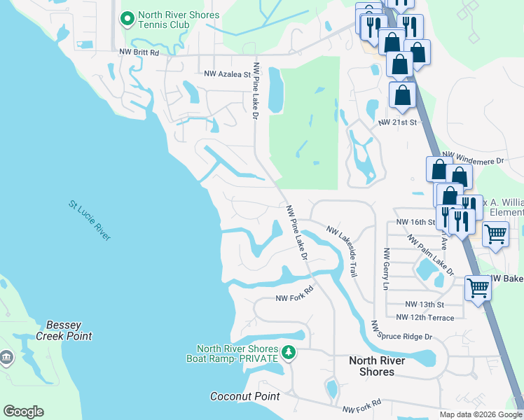 map of restaurants, bars, coffee shops, grocery stores, and more near 1783 Northwest Shore Terrace in Stuart