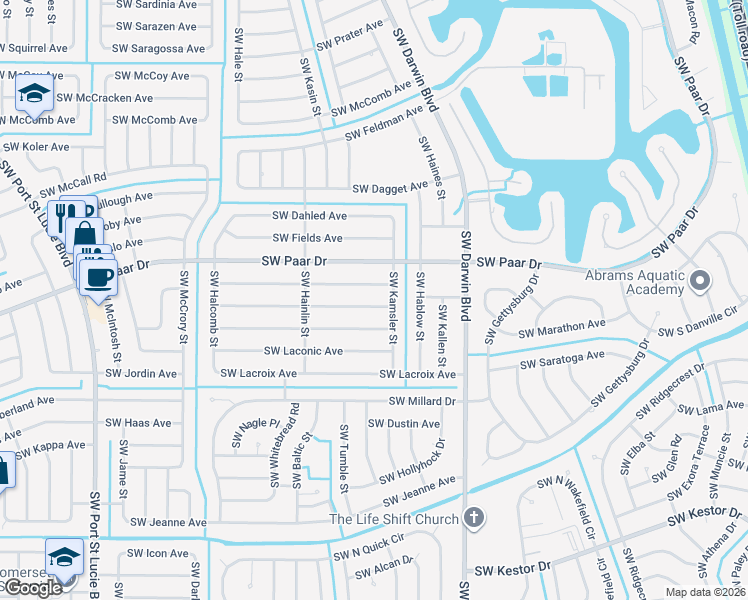 map of restaurants, bars, coffee shops, grocery stores, and more near 4002 Southwest Kamsler Street in Port St. Lucie
