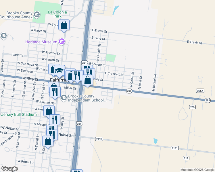 map of restaurants, bars, coffee shops, grocery stores, and more near 110 North Miller Boulevard in Falfurrias