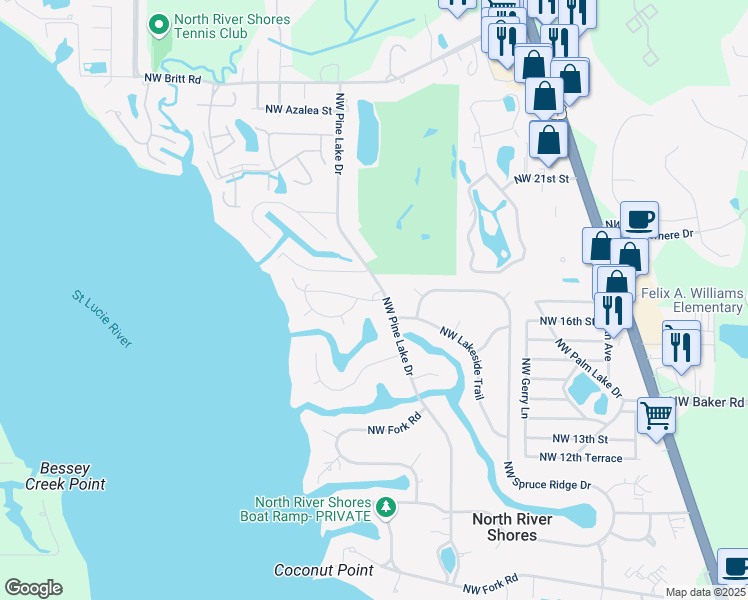 map of restaurants, bars, coffee shops, grocery stores, and more near 1703 Northwest Shore Terrace in Stuart