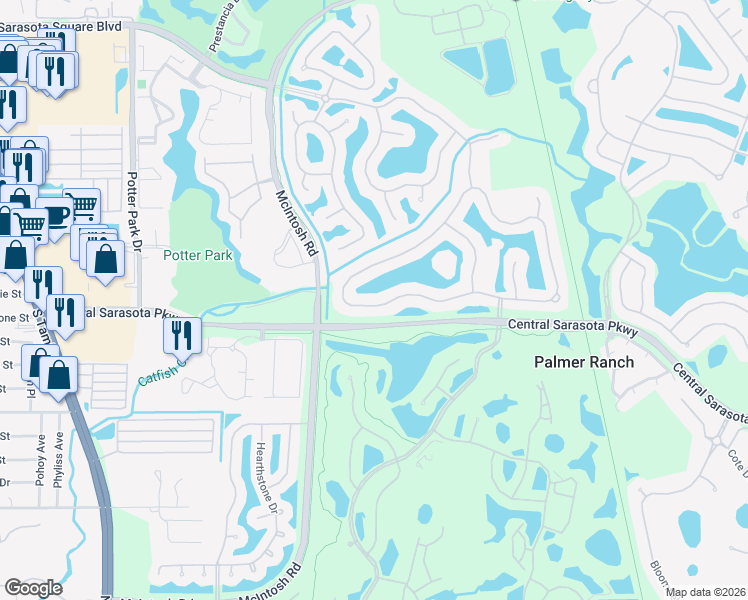 map of restaurants, bars, coffee shops, grocery stores, and more near 8643 Woodbriar Drive in Sarasota