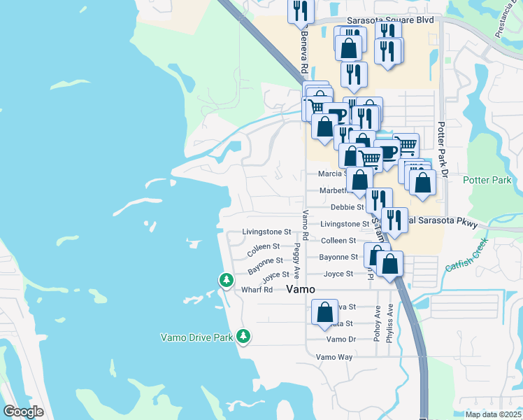 map of restaurants, bars, coffee shops, grocery stores, and more near 1702 Glenhouse Drive in Sarasota