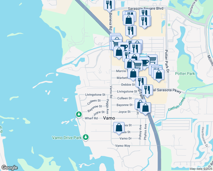 map of restaurants, bars, coffee shops, grocery stores, and more near 1716 Glenhouse Drive in Sarasota