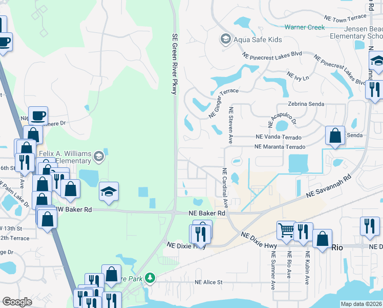 map of restaurants, bars, coffee shops, grocery stores, and more near 93 Northeast Oak Street in Stuart