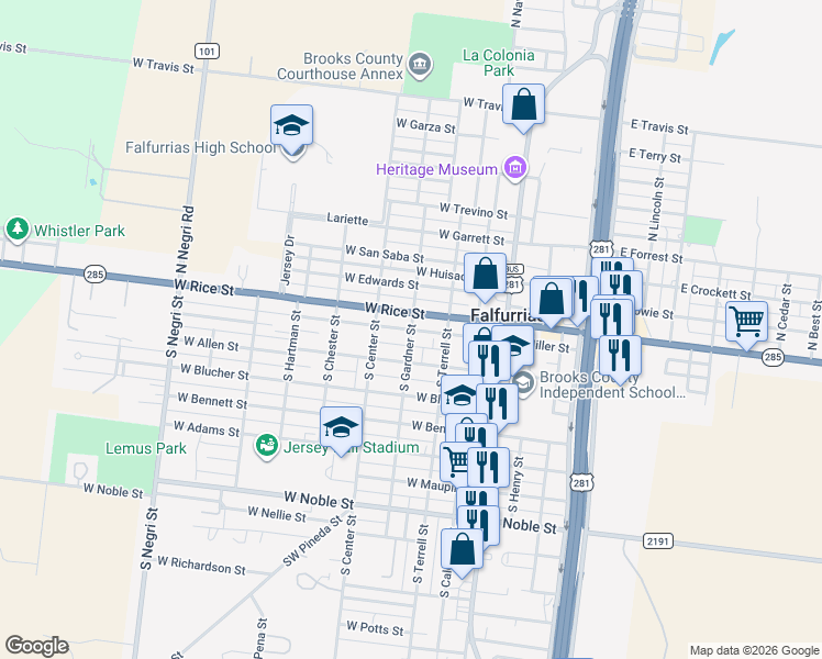 map of restaurants, bars, coffee shops, grocery stores, and more near 401 West Miller Street in Falfurrias