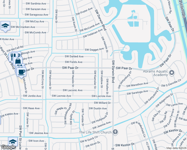 map of restaurants, bars, coffee shops, grocery stores, and more near 4002 Southwest Kamsler Street in Port St. Lucie