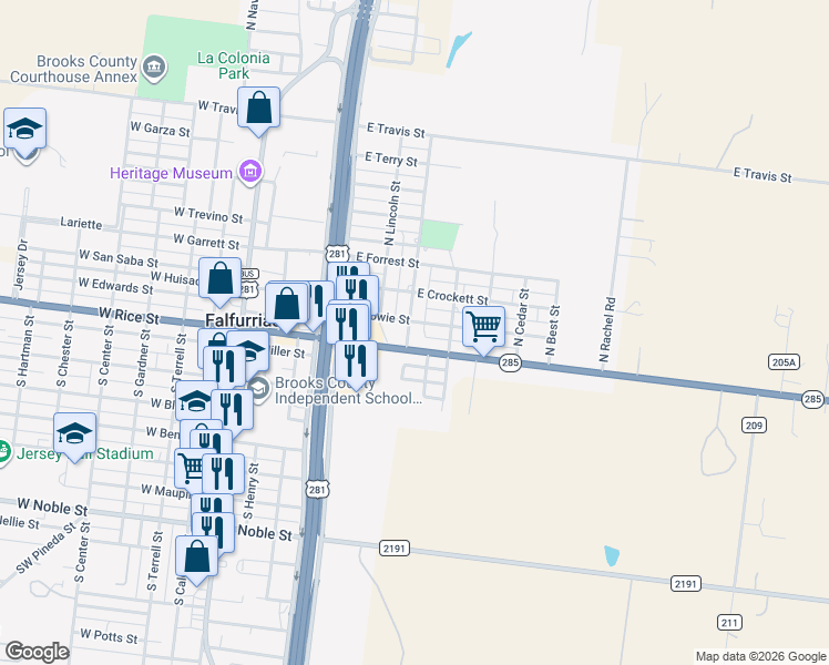 map of restaurants, bars, coffee shops, grocery stores, and more near 110 North Miller Boulevard in Falfurrias