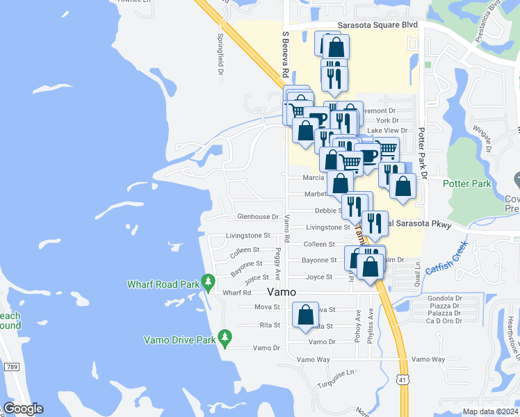map of restaurants, bars, coffee shops, grocery stores, and more near 1716 Glenhouse Drive in Sarasota