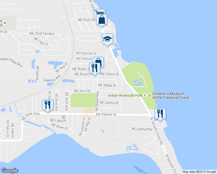 map of restaurants, bars, coffee shops, grocery stores, and more near 2538 Northeast Wilda Street in Jensen Beach