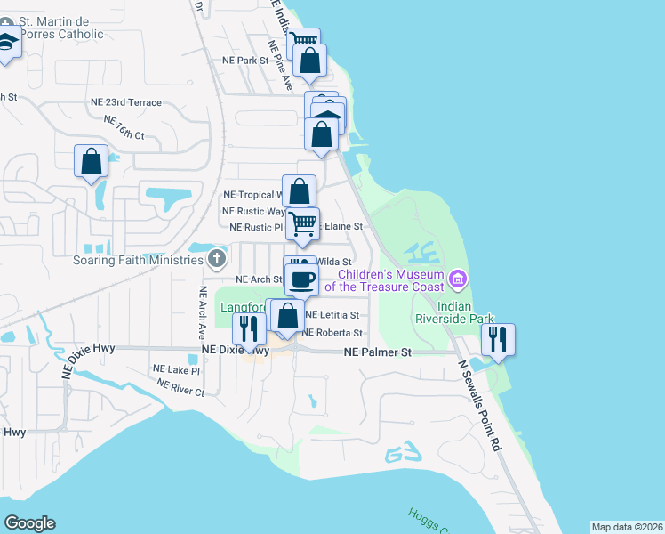 map of restaurants, bars, coffee shops, grocery stores, and more near 2538 Northeast Wilda Street in Jensen Beach