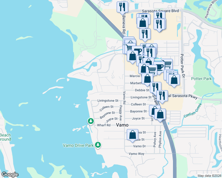 map of restaurants, bars, coffee shops, grocery stores, and more near 1702 Glenhouse Drive in Sarasota