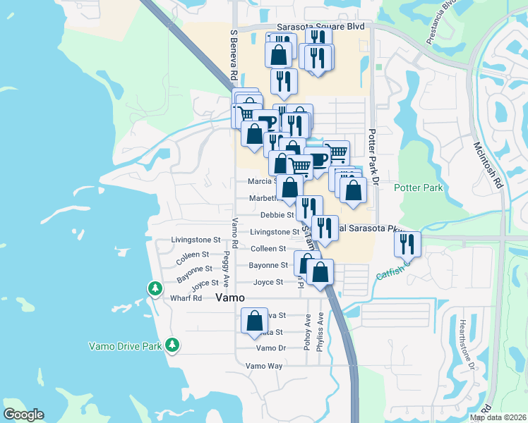 map of restaurants, bars, coffee shops, grocery stores, and more near 1911 Debbie Street in Sarasota