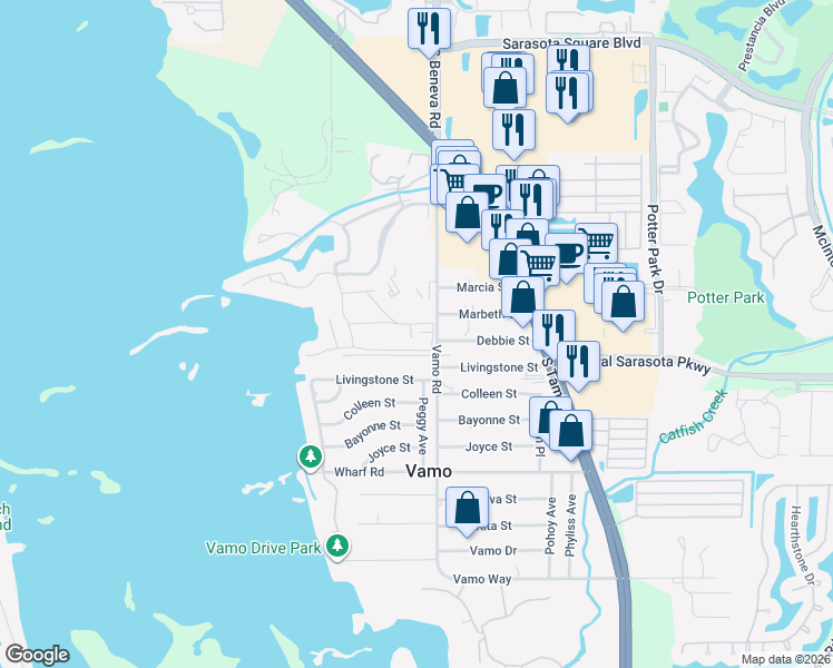 map of restaurants, bars, coffee shops, grocery stores, and more near 1715 Pelican Cove Road in Sarasota