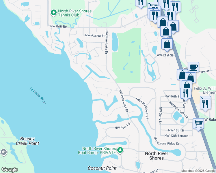 map of restaurants, bars, coffee shops, grocery stores, and more near 1783 Northwest Shore Terrace in Stuart