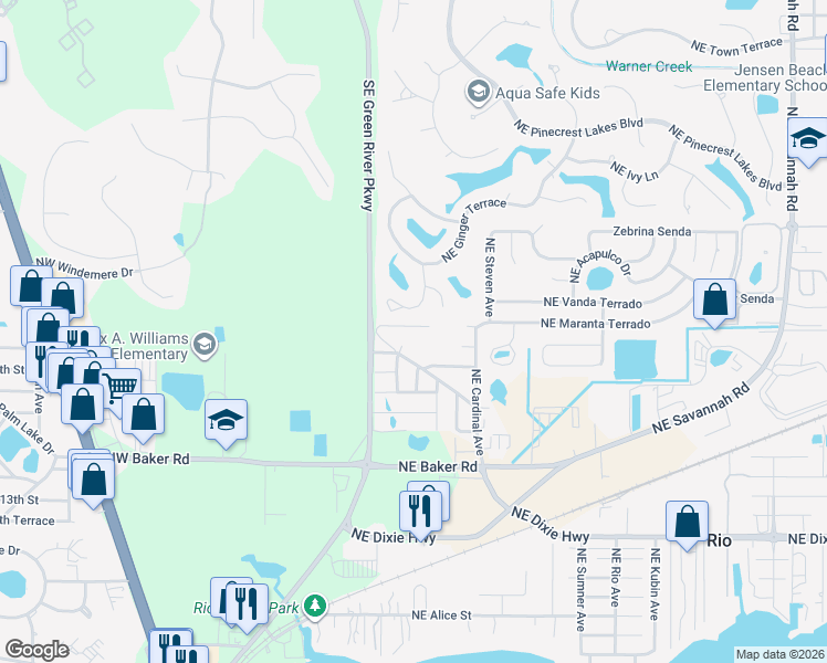 map of restaurants, bars, coffee shops, grocery stores, and more near 93 Northeast Oak Street in Stuart