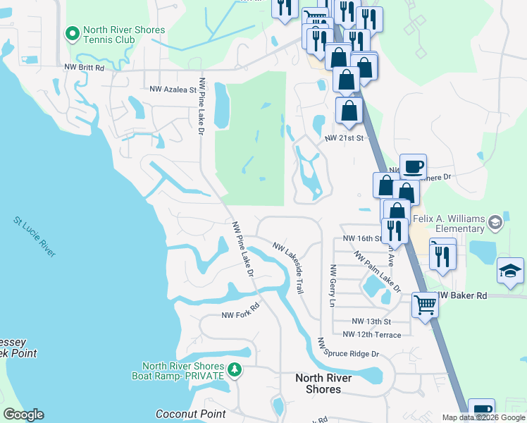 map of restaurants, bars, coffee shops, grocery stores, and more near 1555 Northwest Quail Circle in Stuart
