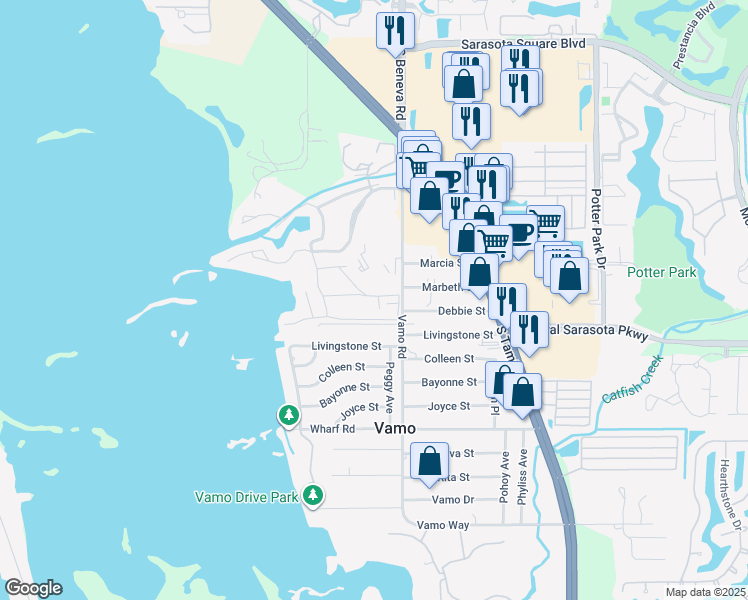 map of restaurants, bars, coffee shops, grocery stores, and more near 1716 Glenhouse Drive in Sarasota