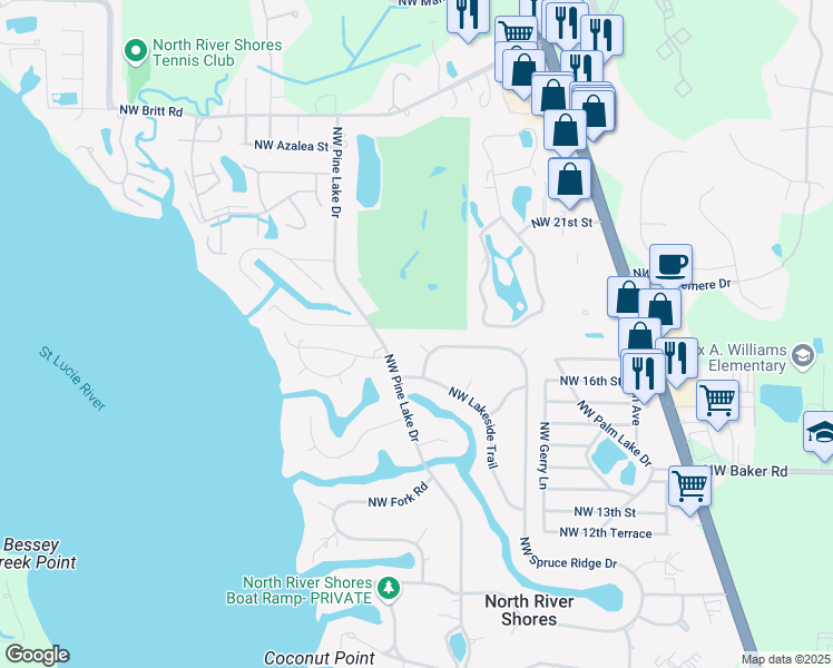 map of restaurants, bars, coffee shops, grocery stores, and more near 1555 Northwest Quail Circle in Stuart