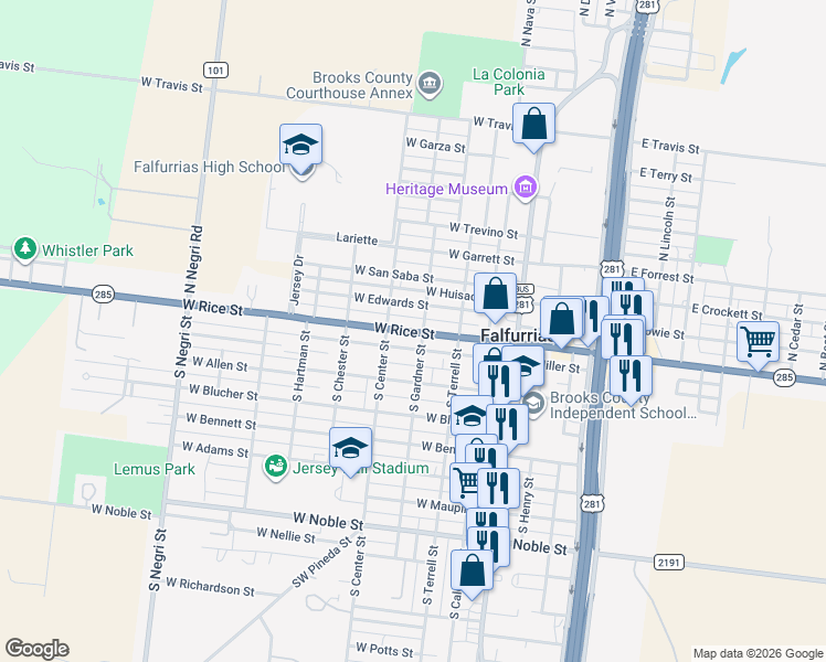 map of restaurants, bars, coffee shops, grocery stores, and more near 401-499 West Miller Street in Falfurrias