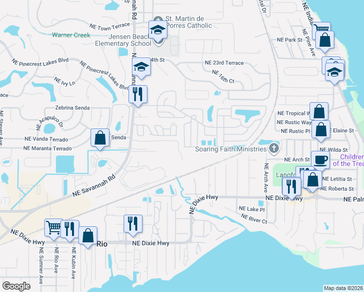 map of restaurants, bars, coffee shops, grocery stores, and more near 303 Northeast Tropicalia Lane in Jensen Beach