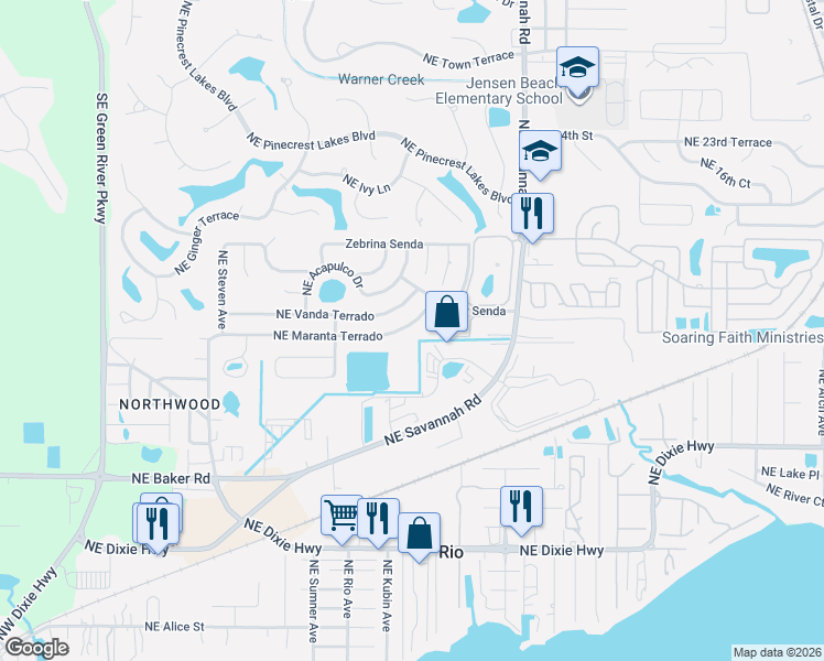 map of restaurants, bars, coffee shops, grocery stores, and more near 848 Northeast Maranta Terrado in Jensen Beach