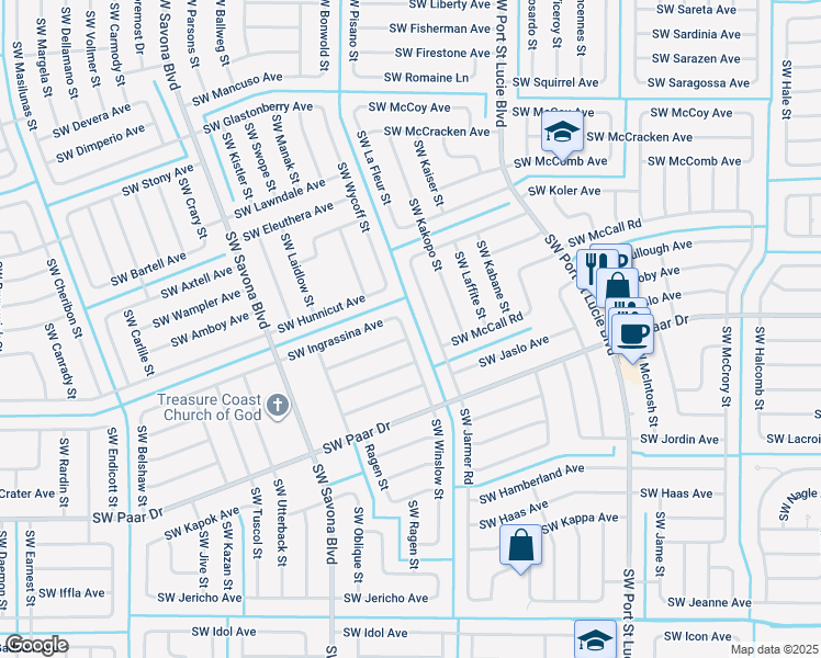 map of restaurants, bars, coffee shops, grocery stores, and more near 4031 Southwest Winslow Street in Port St. Lucie