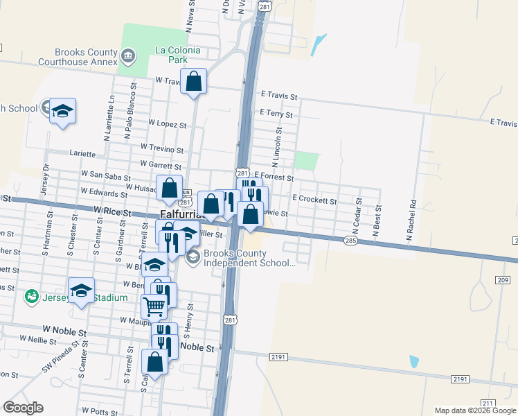 map of restaurants, bars, coffee shops, grocery stores, and more near 500-516 East Crockett Street in Falfurrias