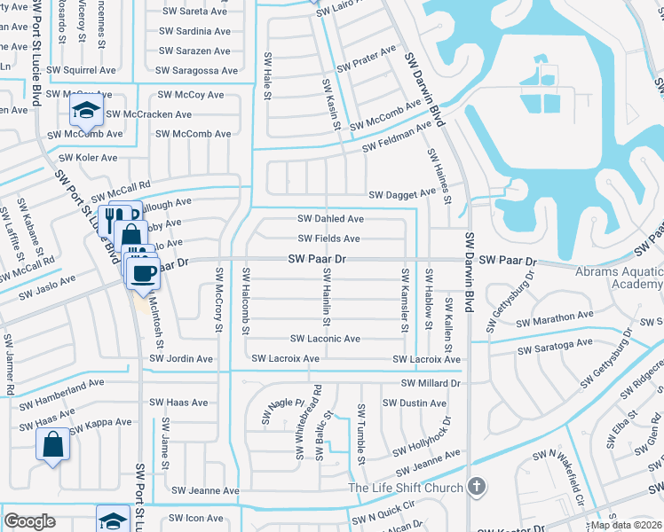 map of restaurants, bars, coffee shops, grocery stores, and more near 3973 Southwest Hainlin Street in Port St. Lucie