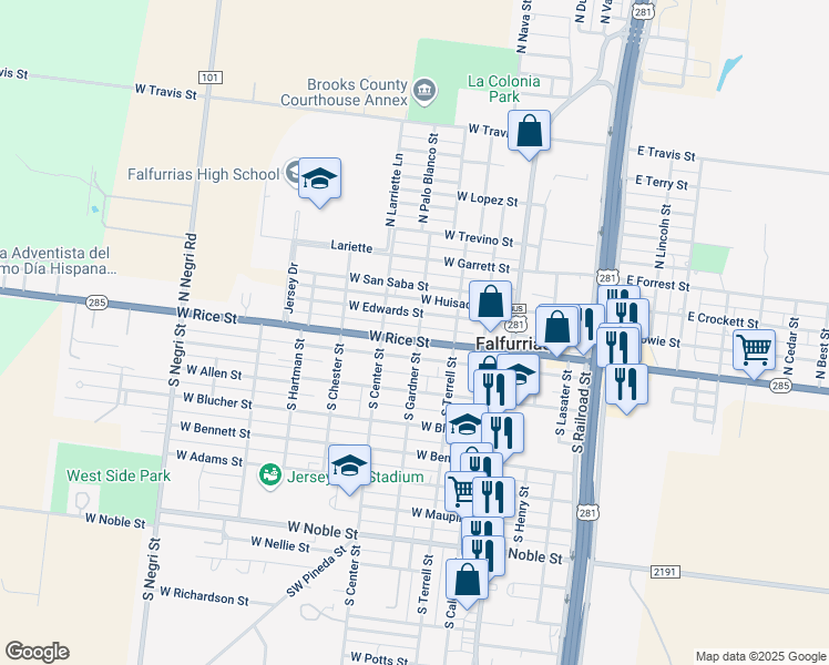 map of restaurants, bars, coffee shops, grocery stores, and more near 403 West Edwards Street in Falfurrias