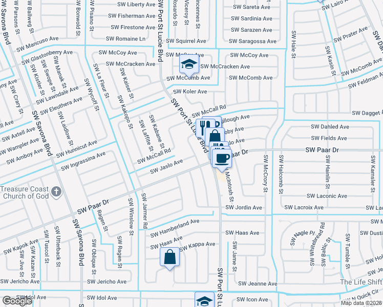 map of restaurants, bars, coffee shops, grocery stores, and more near 801 Southwest Jaslo Avenue in Port St. Lucie