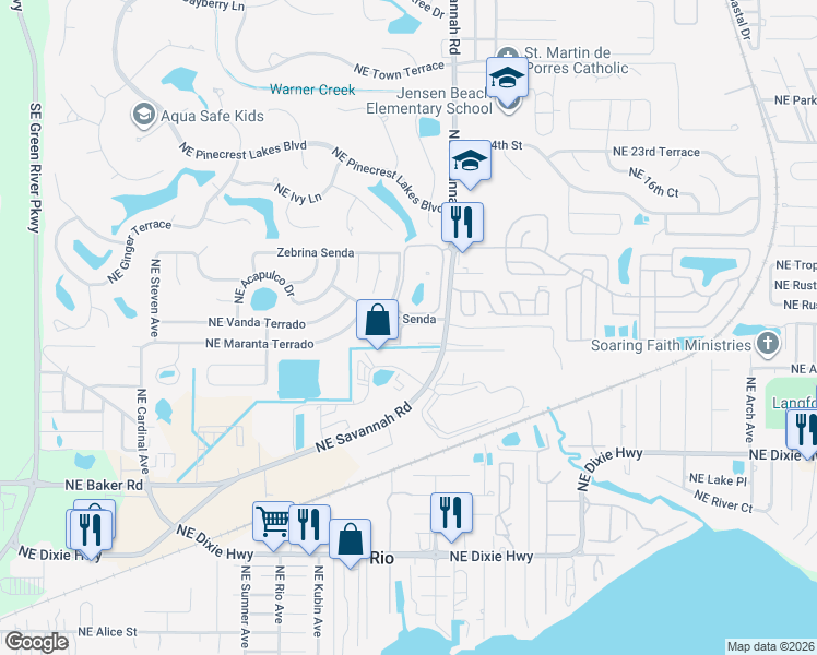 map of restaurants, bars, coffee shops, grocery stores, and more near 1162 Northeast Coy Senda in Jensen Beach