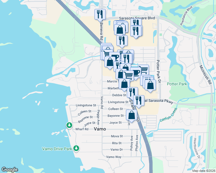 map of restaurants, bars, coffee shops, grocery stores, and more near 1812 Marcia Street in Sarasota