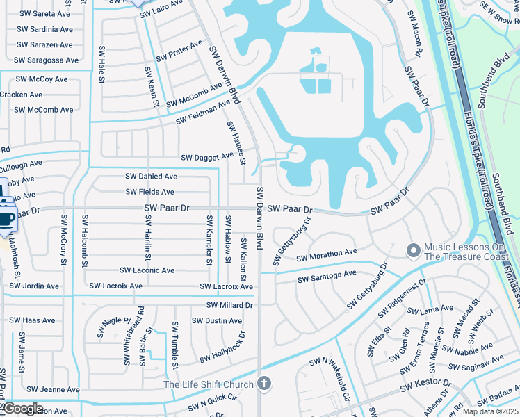 map of restaurants, bars, coffee shops, grocery stores, and more near SW Paar Dr & SW Darwin Blvd in Port St. Lucie