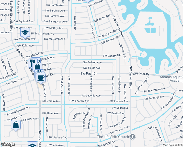 map of restaurants, bars, coffee shops, grocery stores, and more near SW Paar Dr & SW Hainlin St in Port St. Lucie