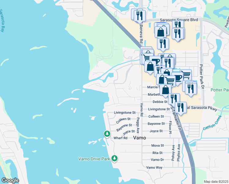map of restaurants, bars, coffee shops, grocery stores, and more near 1615 Pelican Cove Road in Sarasota