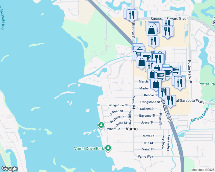 map of restaurants, bars, coffee shops, grocery stores, and more near 1615 Pelican Cove Road in Sarasota