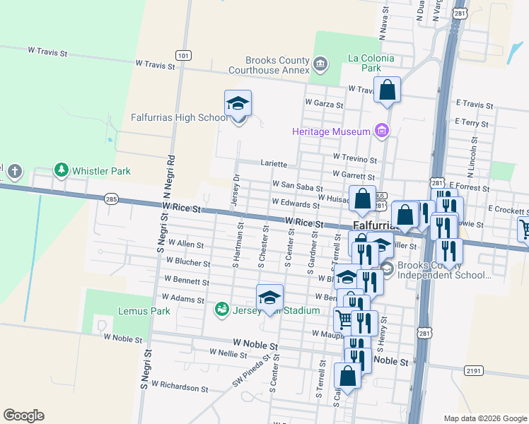 map of restaurants, bars, coffee shops, grocery stores, and more near 153-199 North Chester Street in Falfurrias
