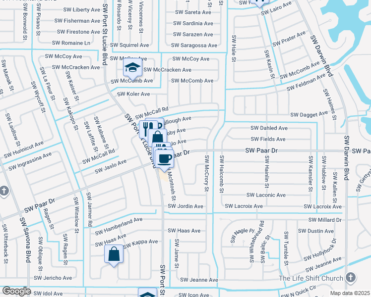 map of restaurants, bars, coffee shops, grocery stores, and more near 691 Southwest Paar Drive in Port St. Lucie