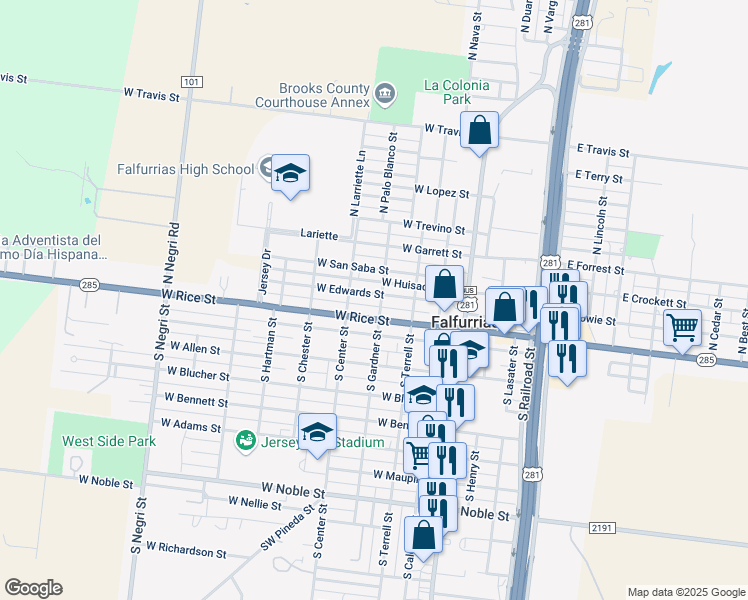 map of restaurants, bars, coffee shops, grocery stores, and more near 403 West Edwards Street in Falfurrias