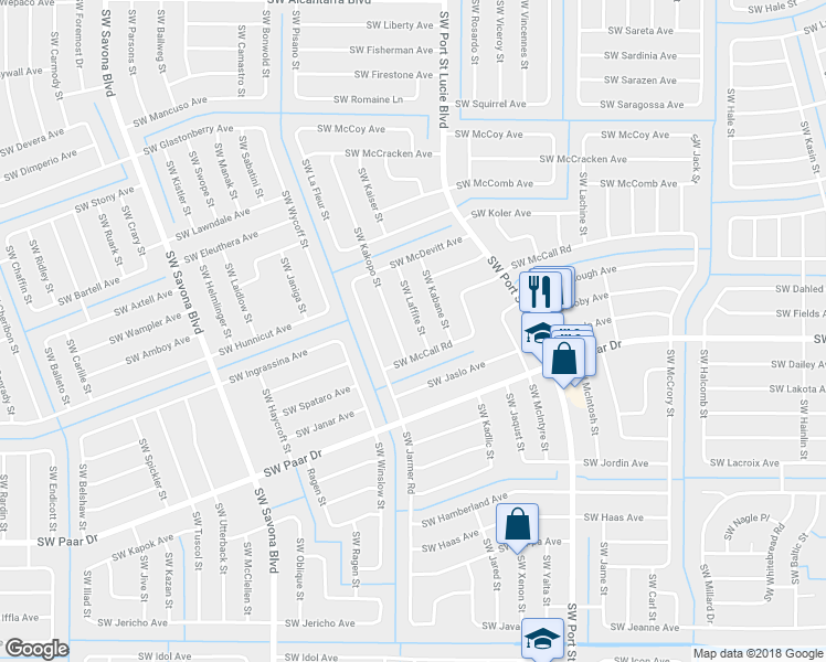 map of restaurants, bars, coffee shops, grocery stores, and more near 3978 Southwest Laffite Street in Port St. Lucie