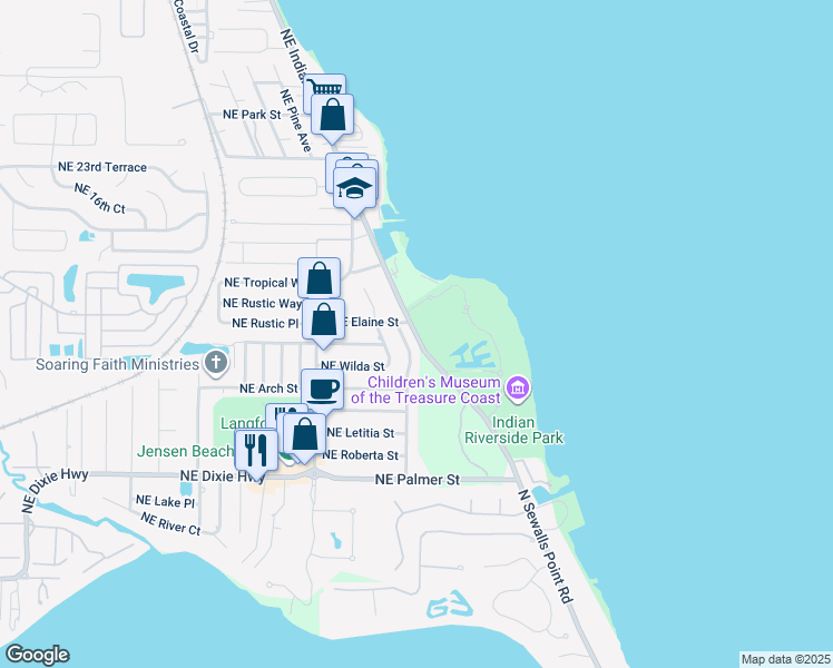 map of restaurants, bars, coffee shops, grocery stores, and more near 1921 Northeast Indian River Drive in Jensen Beach