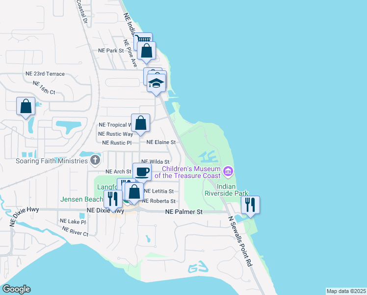 map of restaurants, bars, coffee shops, grocery stores, and more near 1921 Northeast Indian River Drive in Jensen Beach