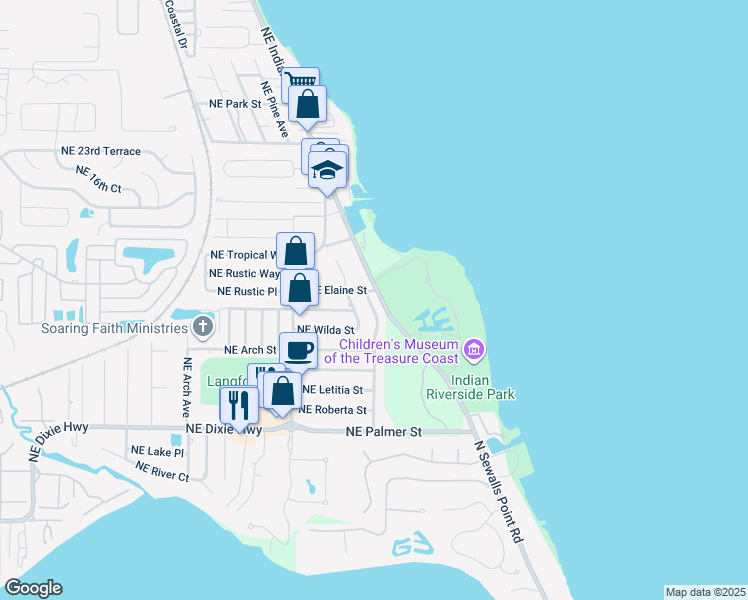 map of restaurants, bars, coffee shops, grocery stores, and more near 1906 Northeast Media Avenue in Jensen Beach