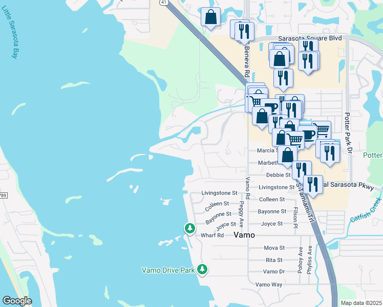 map of restaurants, bars, coffee shops, grocery stores, and more near 1526 Pelican Point Drive in Sarasota