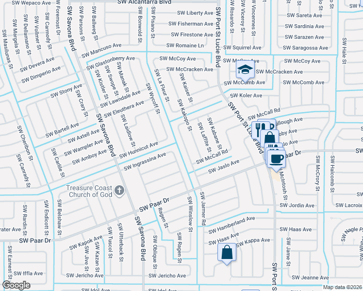map of restaurants, bars, coffee shops, grocery stores, and more near 3942 Southwest Jarmer Road in Port St. Lucie