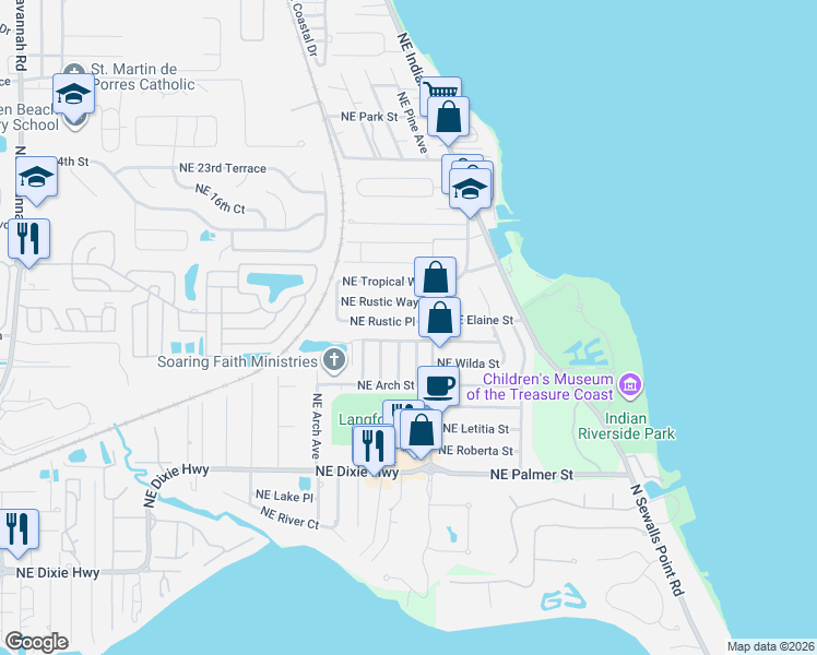 map of restaurants, bars, coffee shops, grocery stores, and more near 2316 Northeast Rustic Place in Jensen Beach
