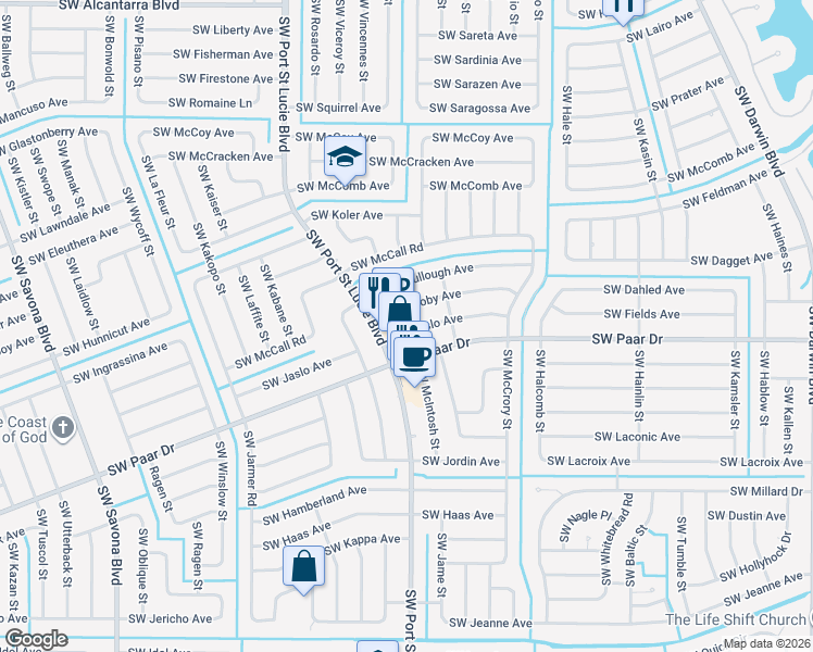 map of restaurants, bars, coffee shops, grocery stores, and more near 738 Southwest Jaslo Avenue in Port St. Lucie