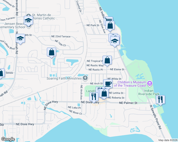 map of restaurants, bars, coffee shops, grocery stores, and more near 2186 Northeast Rustic Place in Jensen Beach